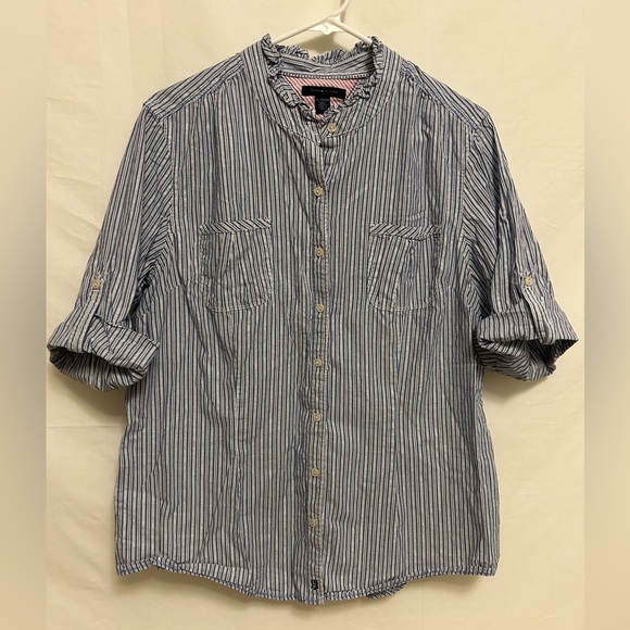 Tommy Hilfiger Striped Ruffle Roll Tab‎ Button Down Women Top Size Extra Large - Picture 1 of 9